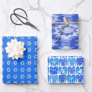 Charmante Hanukkah Patterns Sterne Sweaters Blau Geschenkpapier Set