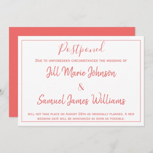 Charmante Hochzeitskoralle und Weiß aufgeschoben Einladung (Vorne/Hinten)