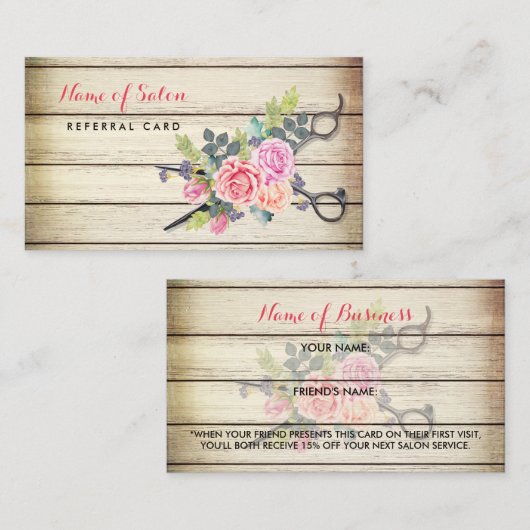 Charmante Holzschere und Rose Freundschaftsreferen Empfehlungskarte (Vorne/Hinten)
