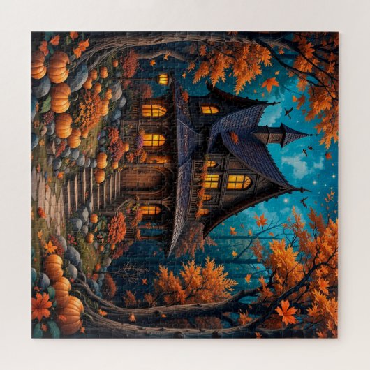Charmante Hütte mit Pumpkins im Herbstwald Puzzle (Horizontal)