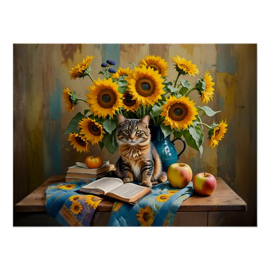 Charmante Katze mit SonnenblumenBouquet Poster (Vorderseite)