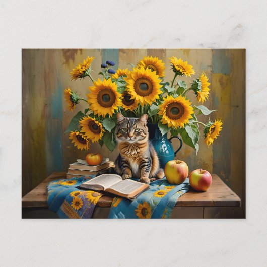 Charmante Katze mit SonnenblumenBouquet Postkarte (Vorderseite)