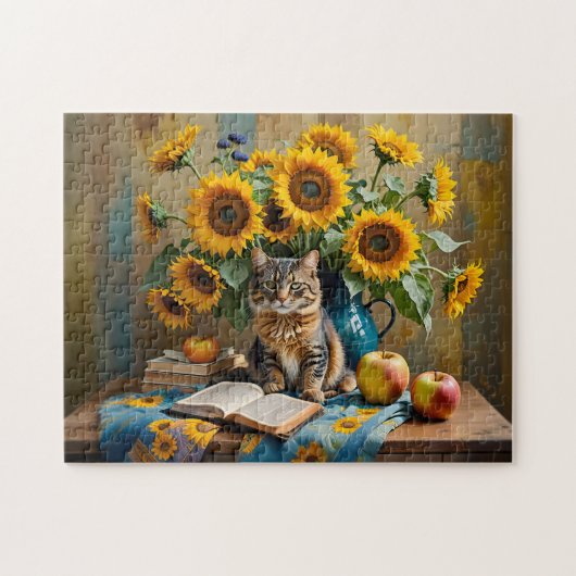 Charmante Katze mit SonnenblumenBouquet Puzzle (Horizontal)