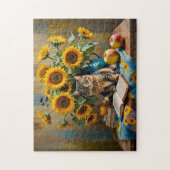 Charmante Katze mit SonnenblumenBouquet Puzzle (Vertikal)