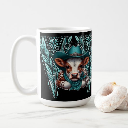 Charmante Kuh mit künstlerischem Western Cowboy Hu Kaffeetasse (Mit Donut)