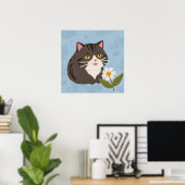 Charmante Niedliche graue Katze mit Kamille Blume Poster (Heimbüro)