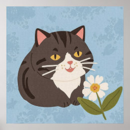 Charmante Niedliche graue Katze mit Kamille Blume Poster