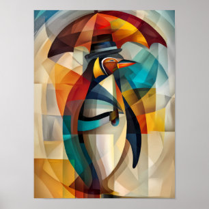 Charmante Pinguin - kubistische Dandy im Regen Poster
