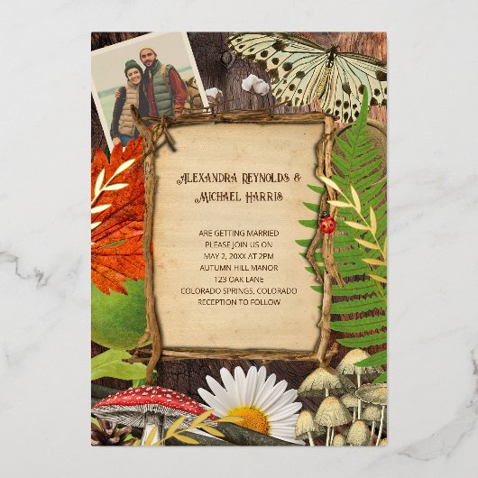 Charmante rustikale Waldlandschaft Inspiriert Folieneinladung (Vorderseite)