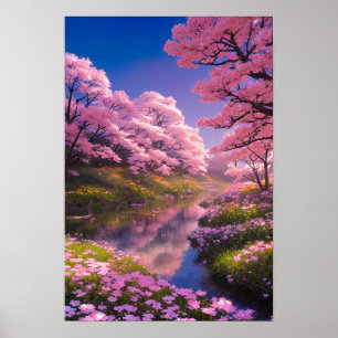 Charmante Sakura Bäume am ruhigen Fluss Poster