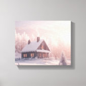 Charmante, schneebedeckte Holzhütte in einem Wald Leinwanddruck (Vorderseite)