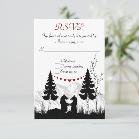 Charmante Silhouette Mountain Bears Hochzeit RSVP (Stehend Vorderseite)