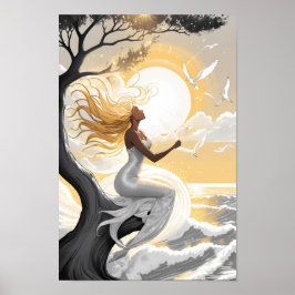 Charmante süße Meerjungfrau sitzt unter der Sonne Poster