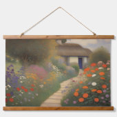 Charmante Vintage Hütte Landschaft Ölgemälde Wandteppich Mit Holzrahmen (Vorne)