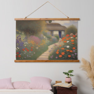 Charmante Vintage Hütte Landschaft Ölgemälde Wandteppich Mit Holzrahmen