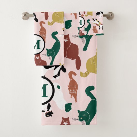 Charmante, von Hand gezeichnet Katzen auf rosa Hin Badhandtuch Set (Insitu)