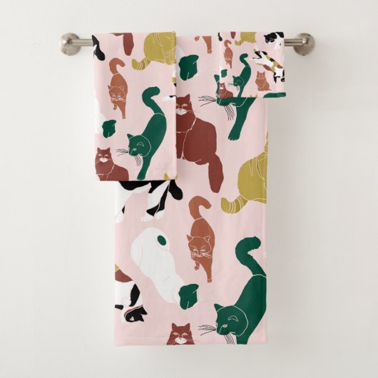 Charmante, von Hand gezeichnet Katzen auf rosa Hin Badhandtuch Set (Insitu)