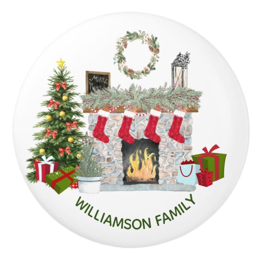 Charmante Weihnachts-Feuerplatz-Szene Keramikknauf (Vorderseite)