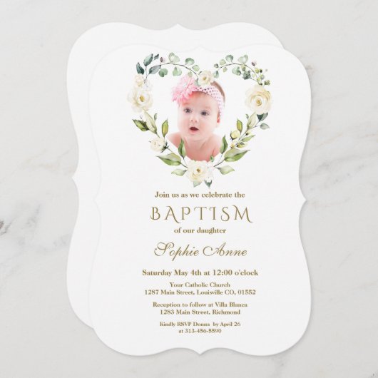 Charmante Weiße Blume Blumengymnasium Foto Taufe Einladung (Vorne/Hinten)