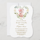 Charmante Weiße Blume Blumengymnasium Foto Taufe Einladung (Vorderseite)