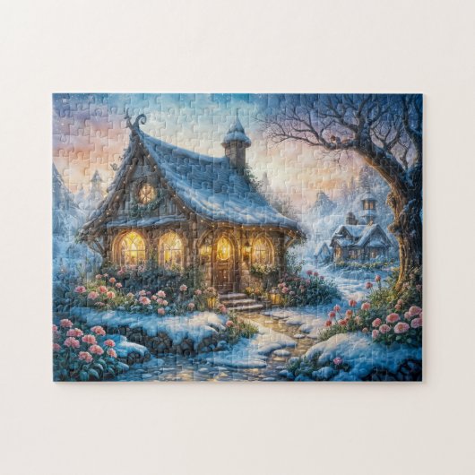 Charmante Winter-Hütte mit festlichen Lichtern Puzzle (Horizontal)