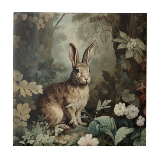 Charmanter antiker Hase im üppigen Wald Fliese (Vorderseite)