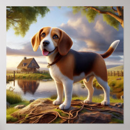 Charmanter Beagle in rustikaler Landschaft Poster