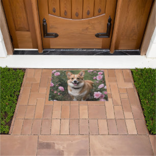 "Charmanter Begleiter: Ein Corgi in einem rosa Ros Fußmatte