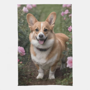 "Charmanter Begleiter: Ein Corgi in einem rosa Ros Geschirrtuch