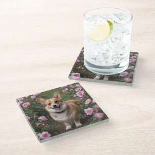 "Charmanter Begleiter: Ein Corgi in einem rosa Ros Glasuntersetzer
