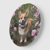 "Charmanter Begleiter: Ein Corgi in einem rosa Ros Große Wanduhr (Winkel)