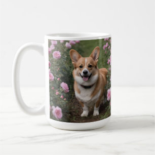 "Charmanter Begleiter: Ein Corgi in einem rosa Ros Kaffeetasse