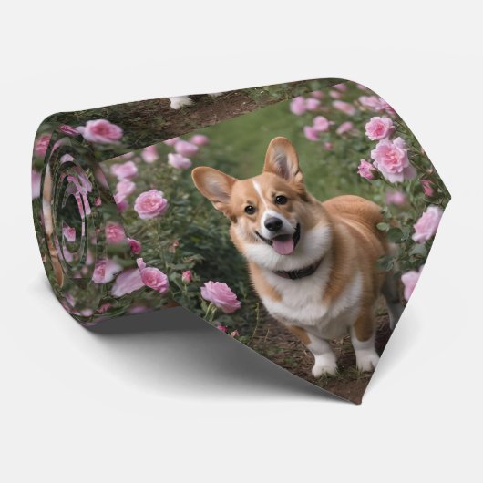 "Charmanter Begleiter: Ein Corgi in einem rosa Ros Krawatte (Gerollt)