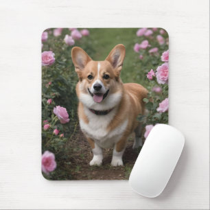 "Charmanter Begleiter: Ein Corgi in einem rosa Ros Mousepad