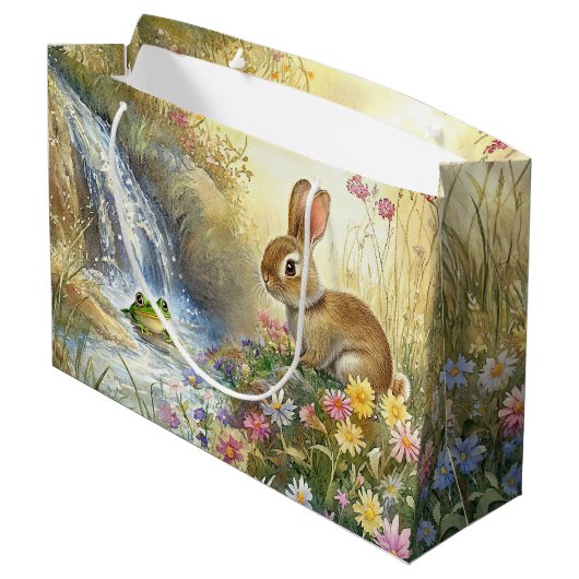 Charmanter Bunny & Frog Wasserfarben-Stil Große Geschenktüte (Rückseite Schrägansicht)