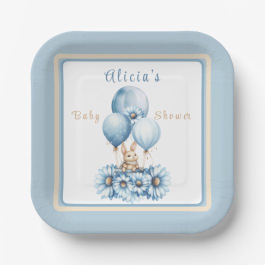 Charmanter Bunny in Blue Boys Babydusche Pappteller (Vorderseite)