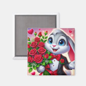 Charmanter Cartoon Bunny Holding Rose Magnet (Vorderseite/Rückseite)