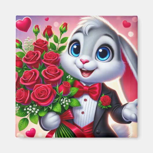 Charmanter Cartoon Bunny Holding Rose Magnet (Vorne)