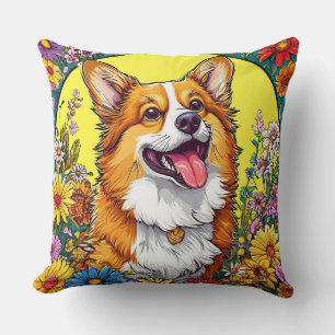 Charmanter Corgi umgeben von farbenfrohen Blumen Kissen