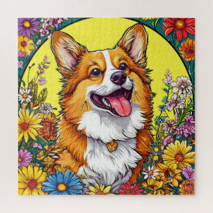 Charmanter Corgi umgeben von farbenfrohen Blumen Puzzle