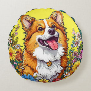 Charmanter Corgi umgeben von farbenfrohen Blumen Rundes Kissen