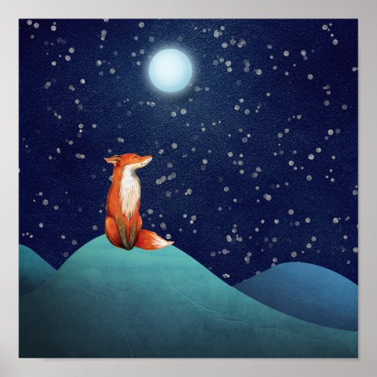 Charmanter Fuchs sitzend unter Vollmond Poster (Vorne)