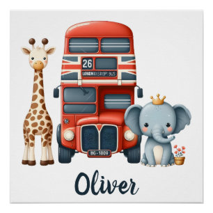 Charmanter Londoner Bus mit Giraffe & Elephant Poster