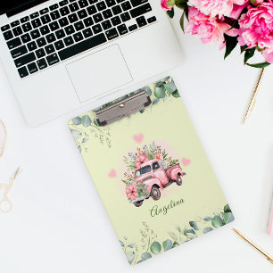 Charmanter Pink Aquarell Truck Floral Green Klemmbrett