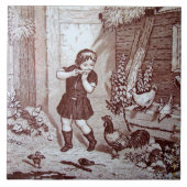 Charmanter Sepia Tile Farm Boy and Chickens Fliese (Vorderseite)