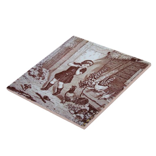 Charmanter Sepia Tile Farm Boy and Chickens Fliese (Seite)