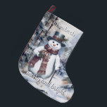 Charmanter Snowman Wasserfarbe Winterwald Custom Großer Weihnachtsstrumpf<br><div class="desc">Feiern Sie die Saison mit diesem personalisierten zauberhaften Snowman Watercolor Winterwald Weihnachtsfest Strumpf. Mit einem charmanten Schneemann in einem klassischen Top-Hut und Schal, einem Wanderstock und Set gegen einen ruhigen Aquarellwald, wird das Design durch das elegante "Merry and Bright"-Drehbuch und die moderne Typografie unterstrichen, die den Namen des Empfängers für...</div>