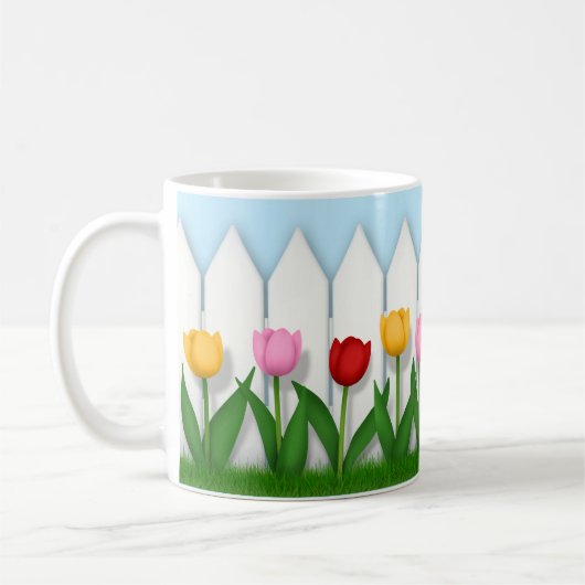 Charmanter weißer Zaun mit Tulpen Kaffeetasse (Links)