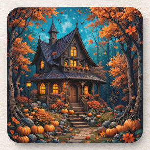 Charmantes Cottage mit Kürbissen in einem herbstli Getränkeuntersetzer