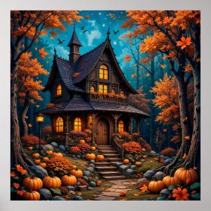 Charmantes Cottage mit Kürbissen in einem herbstli Poster